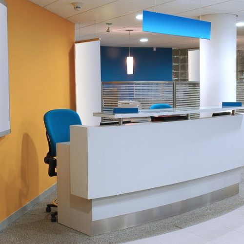 Service counter in a bank interior.